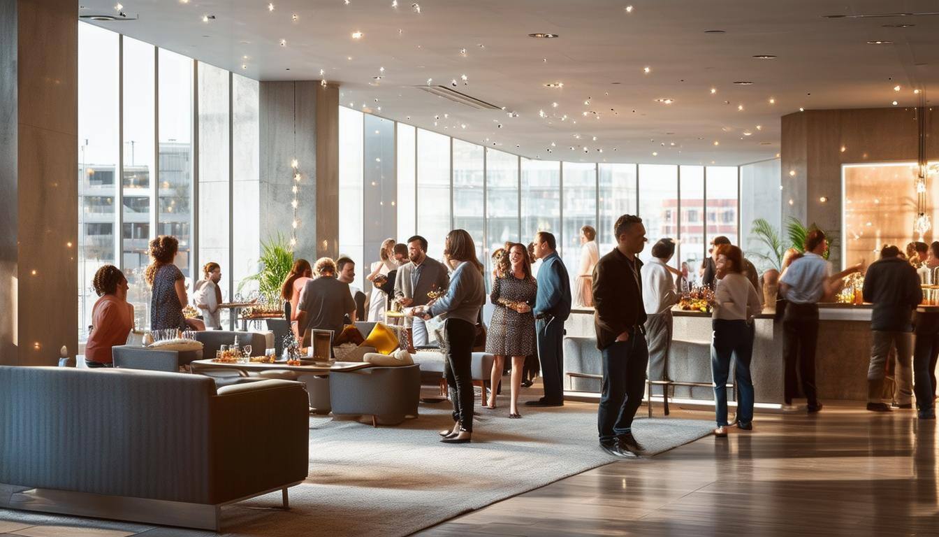 image showing people gathering for a party in a modern apartment amenity room