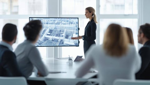 in a bright white room, blurred view of 57 people sittingstanding by a conference table and a video monitor displaying a digital model at relatively c