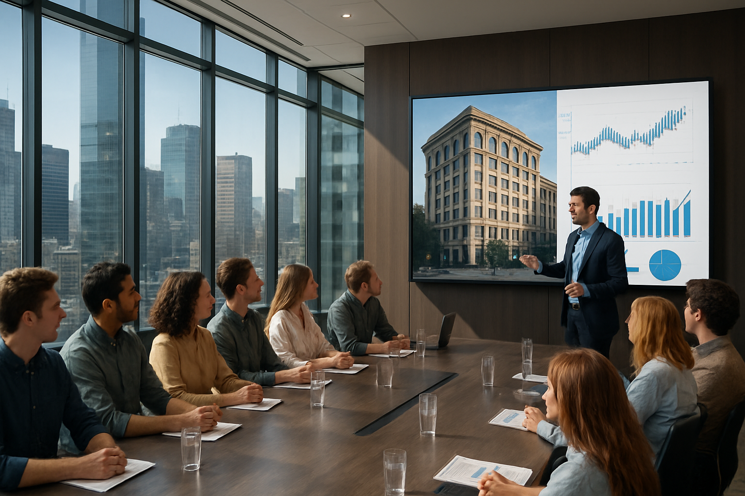 photographic In a luxurious glasswalled boardroom overlooking a dense urban city at high noon a group of 8 to 10 semibusiness casually dressed profess